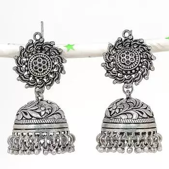 Натуральные индийские серьги Jhumki с драгоценным камнем, серебряные серьги в племенном стиле Бали, 2,09 дюйма, L8R74