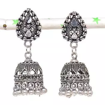 Натуральные индийские серьги Jhumki с драгоценным камнем, серебряные серьги в племенном стиле Бали, 1,77 дюйма, N5W75