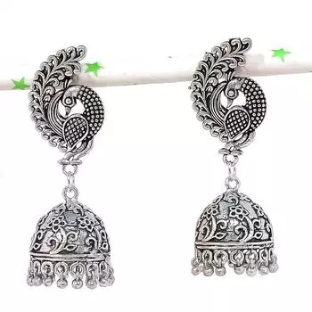 Натуральные индийские серьги Jhumki с драгоценным камнем, серебряные серьги в племенном стиле Бали, 2,17 дюйма, o5n08