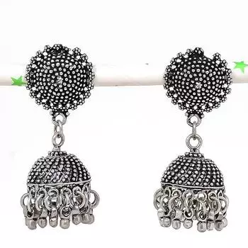 Натуральные индийские серебряные серьги Джумки с драгоценным камнем в племенном стиле Бали 1,97 дюйма H4N19