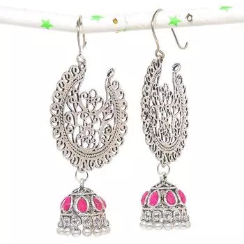 Натуральные индийские серебряные серьги Jhumki с драгоценными камнями в племенном стиле Бали 2,96 дюйма v2s90