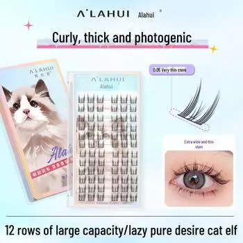 Натуральные кошачьи ушки густые накладные ресницы - одиночный пучок супер натуральный поток волос, тонкие черные стебли для красоты макияж 12 rows of natural cats