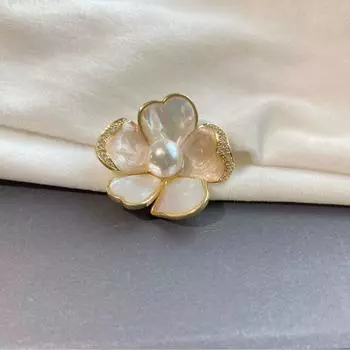Натуральные лепестки ракушек, жемчужная медная брошь, простой пятилепестковый цветок, слегка инкрустированный цирконием, корсаж, универсальный золотой