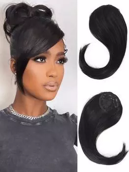 Натуральные прямые синтетические накладные волосы с челкой сбоку, накладные волосы с челкой сбоку, термостойкие черные светлые накладные волосы