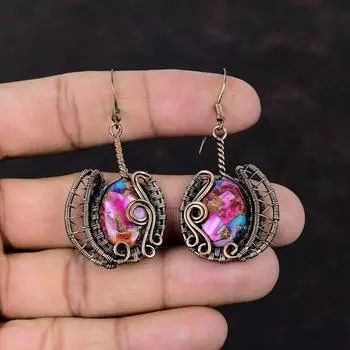 Натуральные серьги Kingman с розовым георгином и бирюзой, серьги из медной проволоки, серьги ручной работы, ювелирные изделия из медной проволоки, серьги с драгоценными камнями, подарок для мамы