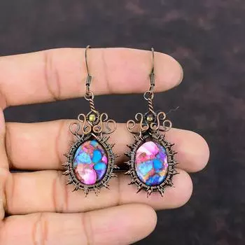 Натуральные серьги Kingman с розовым георгином и бирюзой, серьги из медной проволоки, серьги с драгоценными камнями, серьги ручной работы, дизайнерские медные украшения, подарок на годовщину