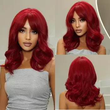 Натуральные волнистые парики, красные, длиной до плеч, синтетические волосы, парик с челкой, парики для вечеринок в стиле косплей для чернокожих женщин, термостойкие искусственные волосы