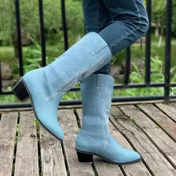 Натуральные вышитые женские сапоги из кожи с острым носком и шипованным каблуком, осенне-зимние сапоги в ковбойском стиле, новые, в стиле вестерн, ретро, размер 36-43 36