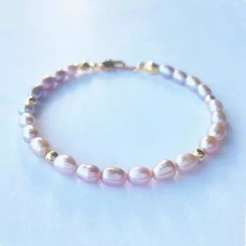 Натуральный Aa +розовый фиолетовый рис в форме пресноводного жемчуга 925 пробы стерлингового серебра золотого цвета ювелирный браслет 18cm