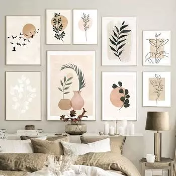 Натуральный абстрактное настенное искусство в стиле бохо, птица, линия солнца, лист, холст, картина, скандинавские постеры и принты, настенные панно, декор для гостиной 21x30cm No Frame