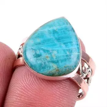 Натуральный амазонит драгоценный камень 925 сплошное серебро ювелирные изделия двухцветное кольцо размер 8US Z8m93