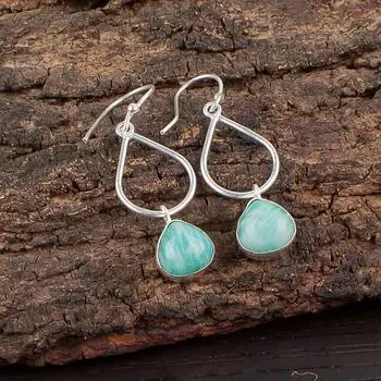 Натуральный Амазонит Драгоценный Камень 925 Стерлинговое Серебро Ювелирные Изделия Ручной Работы Серьги 1.90 EE-19-31