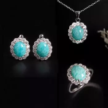 Натуральный амазонит Кольцо Серьги Ожерелье Комплект ювелирных изделий Легкий Роскошный 925 стерлингового серебра для женщин Подарок на годовщину, свадьбу и банкет US RING SIZE:7# зелёный