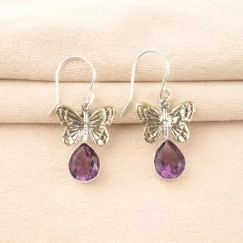 Натуральный аметист 925 стерлинговое серебро ручной работы серьги-капли 1.3 EE-155-3