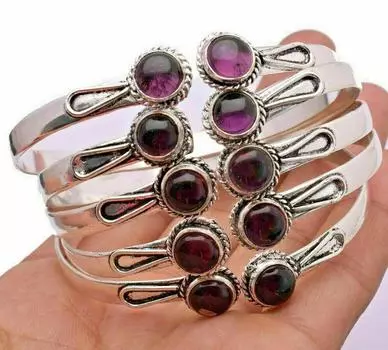 Натуральный аметист Драгоценный камень 5 шт. Браслет-манжета Стерлинговое серебро 925 пробы фиолетовый