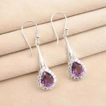 Натуральный Аметист Драгоценный Камень 925 Проба Цельное Серебро Циркон Свадебные Серьги 1,86 Для Нее CZE-7-6