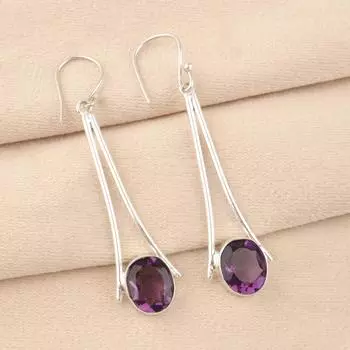 Натуральный Аметист Драгоценный Камень 925 Стерлинговое Серебро Ручной Работы Женские Серьги-Крючки 2.63 EE-136-11