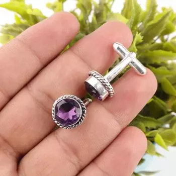 Натуральный Аметист Драгоценный Камень 925 Стерлинговое Серебро Ювелирные Изделия Ручной Работы Запонки 0,51 CL-3-7
