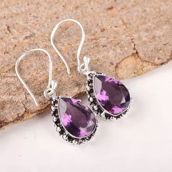 Натуральный Аметист Драгоценный Камень 925 Стерлинговое Серебро Ручная Работа Подвески/Серьги-Подвески 1.41 EE-97-8