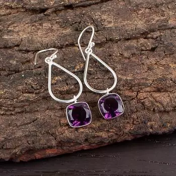 Натуральный Аметист Драгоценный Камень 925 Стерлинговое Серебро Ручной Работы Ювелирные Изделия Серьги 1.90 EE-7-3