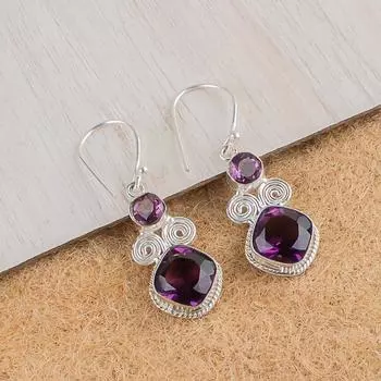Натуральный Аметист Драгоценный Камень 925 Стерлинговое Серебро Ювелирные Изделия Ручной Работы Серьги 1.12 EE-69-8