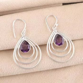 Натуральный Аметист Драгоценный Камень 925 Стерлинговое Серебро Ручной Работы Дизайнерские Серьги 1.80 EE-31-6