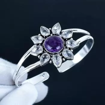 Натуральный Аметист Драгоценный Камень Ручной Работы Манжета Браслет 925 Стерлинговое Серебро Манжета Браслет, Белый Топаз Форма Цветка Браслет Для Жены, Унисекс Браслет 7 фиолетовый