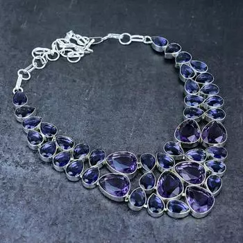 Натуральный аметист драгоценный камень ручной работы из стерлингового серебра 925 пробы ювелирное ожерелье 18 дюймов B8p18