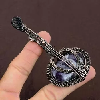 Натуральный аметист, кружевной камень, медная проволока ручной работы, подвеска для гитары 3,1 дюйма, S2c33