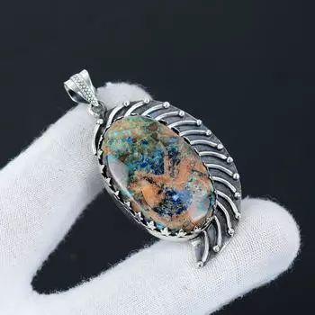 Натуральный Азурит Малахит Драгоценный камень Серебряный Кулон из стерлингового серебра 925 пробы - Дизайн ручной работы, Украшение для повседневной носки, Уникальный кулон в подарок на день рождения 2.36 зелёный