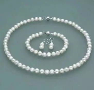 Натуральный белый культивированный жемчуг 7-8 мм, ожерелье, браслет, серьги, комплект