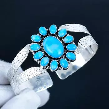 Натуральный бирюзовый драгоценный камень, браслет-манжета ручной работы из стерлингового серебра 925 пробы, браслет в форме цветка с бирюзой для жены, унисекс браслет, подарок для нее 7 синий