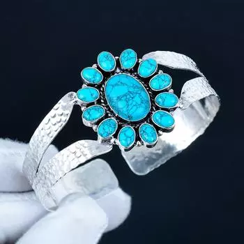 Натуральный бирюзовый драгоценный камень Ручной работы Манжета-браслет из стерлингового серебра 925 пробы, Браслет в форме цветка из бирюзы для жены, Унисекс браслет, Подарок 7 синий