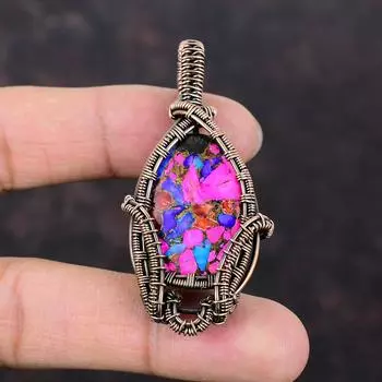 Натуральный бирюзовый кулон Kingman Pink Dahlia, обернутый проволокой, кулон ручной работы, драгоценный камень, кулон для подарка, розовая бирюза, медные украшения