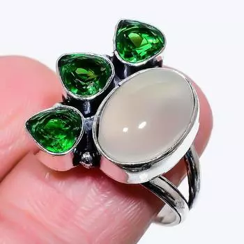 Натуральный ботсванский агат, драгоценный камень диопсид, серебро 925 пробы, размер кольца 8,5 p9q66