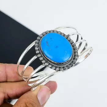 Натуральный браслет-манжета из серебра 925 пробы с бирюзовым камнем «Спящая красавица», бирюзовый браслет для жены, унисекс-браслет, подарки для жены 6 синий