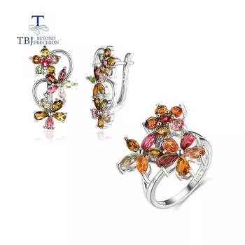 Натуральный бразильский турмалин, женские кольца, серьги, комплект ювелирных изделий, хорошие многоцветные натуральные драгоценные камни, серебро 925 пробы, изысканные ювелирные изделия us ring size 7# красный/коричневый