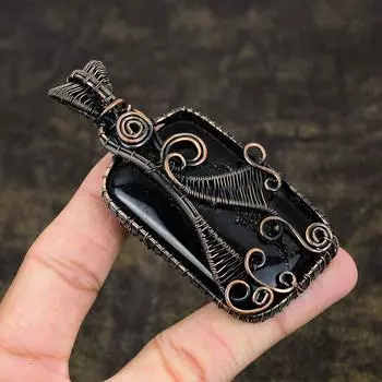 Натуральный черный драгоценный камень Друзы, медная проволока ручной работы, подарочная подвеска 3,46 b2V41