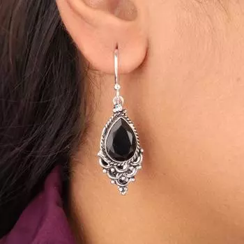 Натуральный черный оникс драгоценный камень 925 стерлинговое серебро ювелирные изделия ручной работы серьги 1.9 EE-85-13