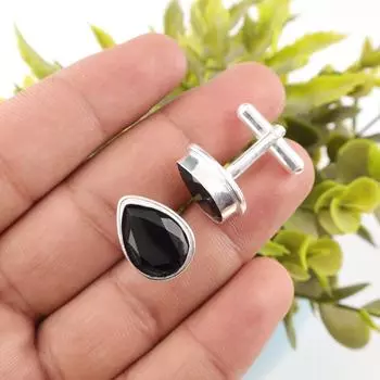 Натуральный черный оникс драгоценный камень 925 штампованное серебро ювелирные изделия ручной работы запонки 0,66 CL-6-17