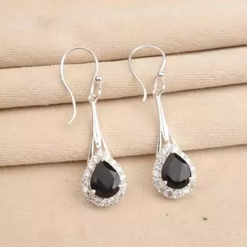 Натуральный черный оникс драгоценный камень 925 стерлинговое серебро ювелирные изделия циркон длинные серьги 1,86 CZE-7-17
