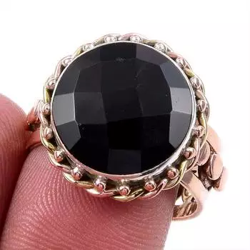 Натуральный черный оникс драгоценный камень 925 сплошное серебро ювелирные изделия двухцветное кольцо размер 9US V0K21