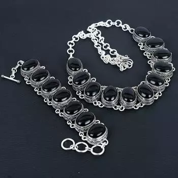 Натуральный черный оникс драгоценный камень ручной работы из стерлингового серебра 925 пробы ожерелье браслет комплект, антикварный ювелирный комплект, свадебные подарки браслет для жены 20 чёрный