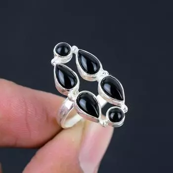 Натуральный черный оникс, драгоценный камень, стерлинговое серебро 925 пробы, длинное полое кольцо на палец для женщин и девочек 5 чёрный