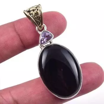 Натуральный черный оникс, розовый аметист, стерлинговое серебро 925 пробы, подарочный кулон 2 дюйма p8W16