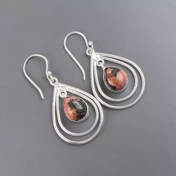 Натуральный черный родонит, драгоценный камень, серебро 925 пробы, серьги ручной работы 2.00 EE-34-20