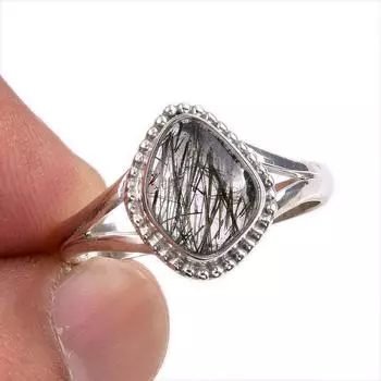 Натуральный черный рутил драгоценный камень 925 цельное стерлинговое серебро ювелирное кольцо размер 9 g7v47