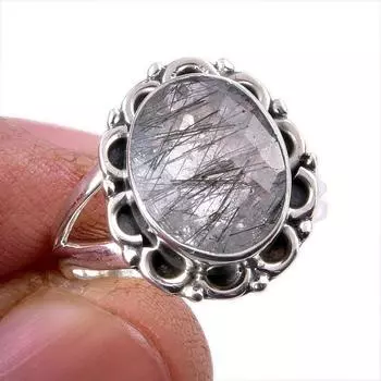 Натуральный черный рутил драгоценный камень 925 цельное стерлинговое серебро ювелирное кольцо размер 6 F0J15