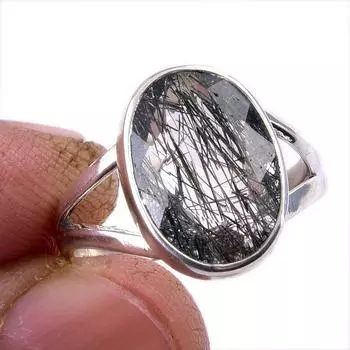 Натуральный черный рутил драгоценный камень 925 цельное стерлинговое серебро ювелирное кольцо размер 7 A5m77