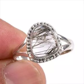 Натуральный черный рутил драгоценный камень 925 цельное стерлинговое серебро ювелирное кольцо размер 8 C0q78